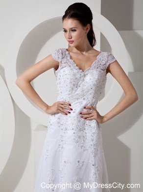 High-class Column V-neck Beaded Lace Wedding Dress with Court Train