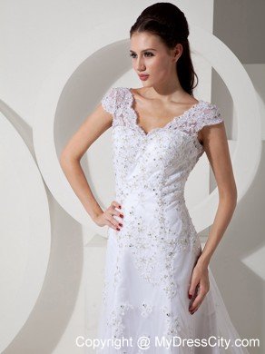 High-class Column V-neck Beaded Lace Wedding Dress with Court Train