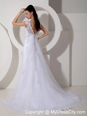 High-class Column V-neck Beaded Lace Wedding Dress with Court Train