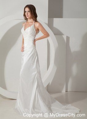 Fashion White Halter Top Sweep Train Ruching Bridal Gown Sleeveless