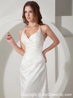 Fashion White Halter Top Sweep Train Ruching Bridal Gown Sleeveless