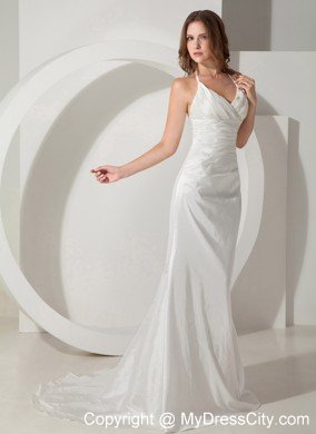 Fashion White Halter Top Sweep Train Ruching Bridal Gown Sleeveless