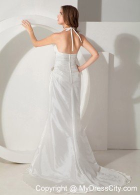 Fashion White Halter Top Sweep Train Ruching Bridal Gown Sleeveless