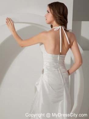 Fashion White Halter Top Sweep Train Ruching Bridal Gown Sleeveless