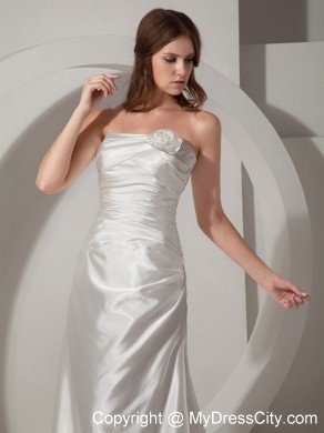 Strapless Ruched Column Wedding Dress with Handmade Flower Lace-up