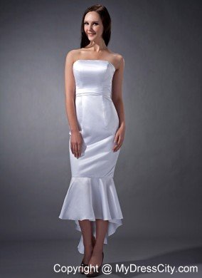 Mermaid White Strapless Tea-length Slinky Wedding Dress Zipper Back