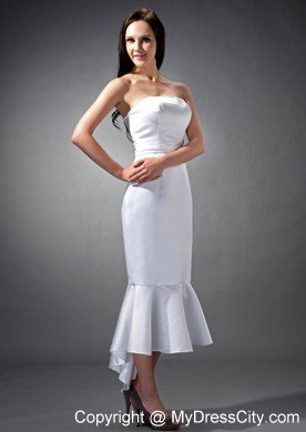 Mermaid White Strapless Tea-length Slinky Wedding Dress Zipper Back