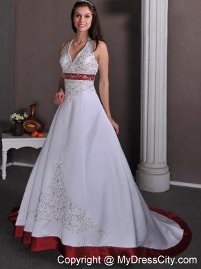 White A-line Halter Appliques Beaded Wedding Dress with Red Chapel Train