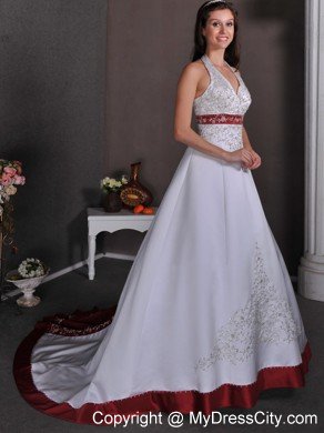 White A-line Halter Appliques Beaded Wedding Dress with Red Chapel Train