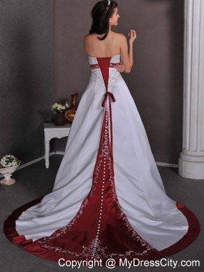 White A-line Halter Appliques Beaded Wedding Dress with Red Chapel Train