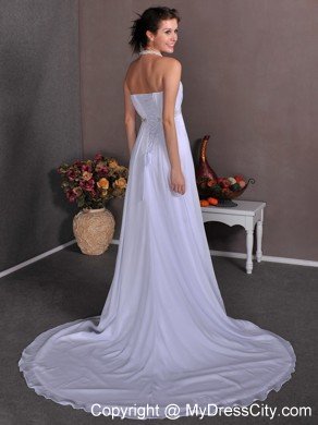 Unique Strapless Empire Court Train Chiffon Appliques Wedding Dress