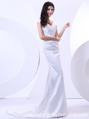 White Slinky V-neck Wide Straps Bridal Dress with Train on Promotion