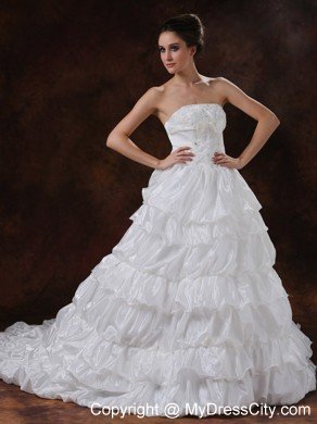 Tasty Beaded Strapless Chapel Train A-Line Wedding Dress with Ruffles