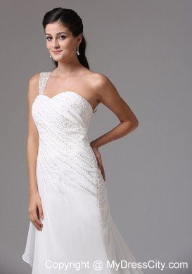 One Shoulder Appliques Decorate Chiffon Bridal Dresses with Court Train