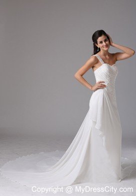 One Shoulder Appliques Decorate Chiffon Bridal Dresses with Court Train