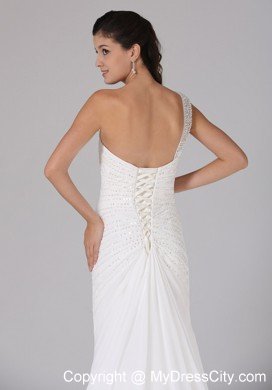 One Shoulder Appliques Decorate Chiffon Bridal Dresses with Court Train