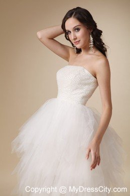 Lovely White Strapless A-line Tulle Beaded Wedding Dress Tea-length