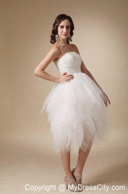 Lovely White Strapless A-line Tulle Beaded Wedding Dress Tea-length