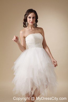 Lovely White Strapless A-line Tulle Beaded Wedding Dress Tea-length