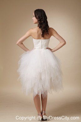 Lovely White Strapless A-line Tulle Beaded Wedding Dress Tea-length