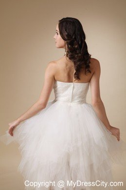 Lovely White Strapless A-line Tulle Beaded Wedding Dress Tea-length