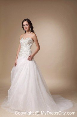 Slinky Sweetheart Beading Court Train White A-line Wedding Dress