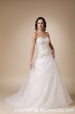 Slinky Sweetheart Beading Court Train White A-line Wedding Dress