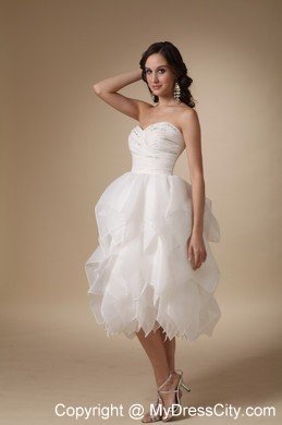 Ruched A-line Sweetheart Tea-length Beaded Organza Wedding Dress