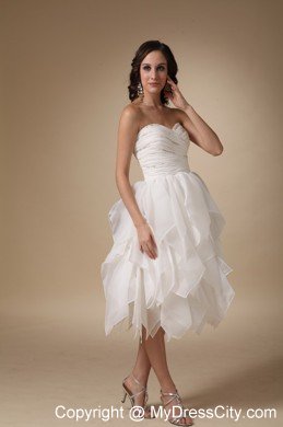 Ruched A-line Sweetheart Tea-length Beaded Organza Wedding Dress