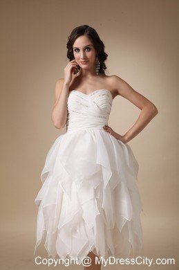 Ruched A-line Sweetheart Tea-length Beaded Organza Wedding Dress