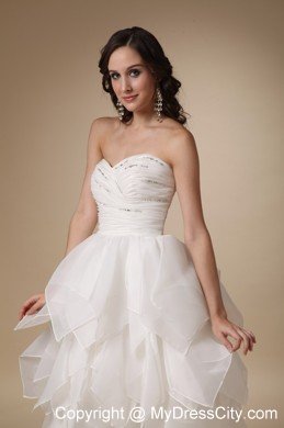 Ruched A-line Sweetheart Tea-length Beaded Organza Wedding Dress