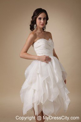 Ruched A-line Sweetheart Tea-length Beaded Organza Wedding Dress