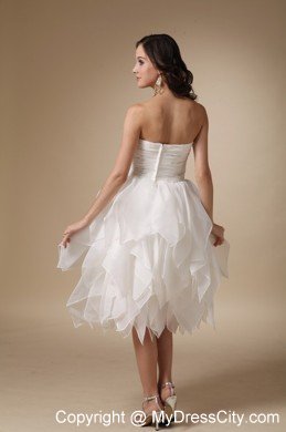 Ruched A-line Sweetheart Tea-length Beaded Organza Wedding Dress