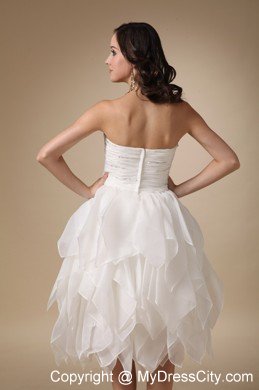 Ruched A-line Sweetheart Tea-length Beaded Organza Wedding Dress