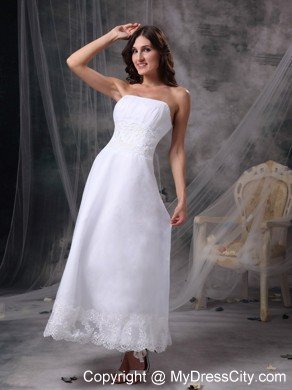 New White Strapless Beading and Ruches Bridal Dress Tea-length