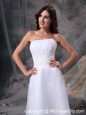 New White Strapless Beading and Ruches Bridal Dress Tea-length