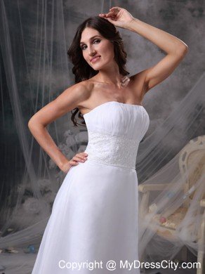 New White Strapless Beading and Ruches Bridal Dress Tea-length