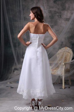 New White Strapless Beading and Ruches Bridal Dress Tea-length