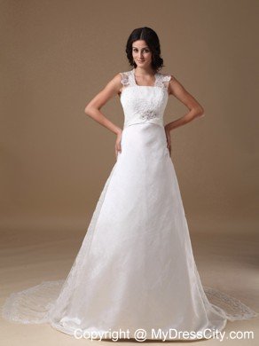 A-line Square Neck Taffeta Beaded Wedding Dress with Lace Train