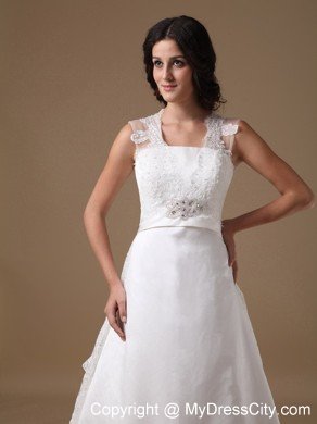 A-line Square Neck Taffeta Beaded Wedding Dress with Lace Train