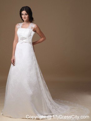 A-line Square Neck Taffeta Beaded Wedding Dress with Lace Train