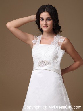 A-line Square Neck Taffeta Beaded Wedding Dress with Lace Train