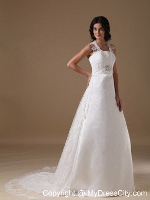 A-line Square Neck Taffeta Beaded Wedding Dress with Lace Train