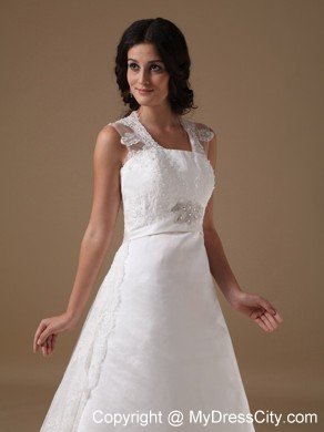 A-line Square Neck Taffeta Beaded Wedding Dress with Lace Train