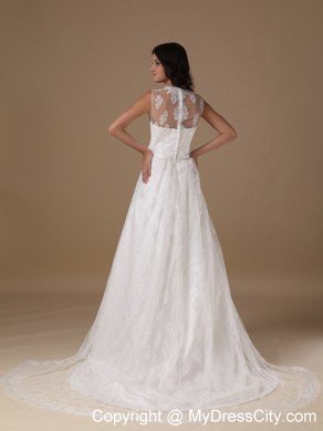 A-line Square Neck Taffeta Beaded Wedding Dress with Lace Train