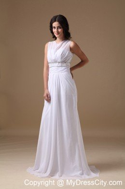 Elegant Column Scoop Brush Train Beaded Waist Wedding Dress