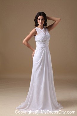 Elegant Column Scoop Brush Train Beaded Waist Wedding Dress