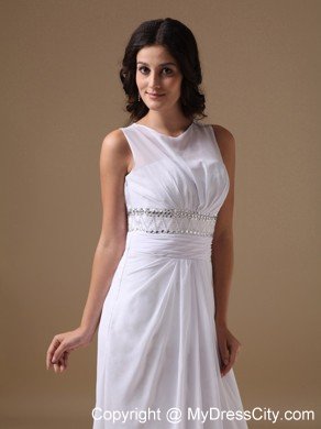 Elegant Column Scoop Brush Train Beaded Waist Wedding Dress