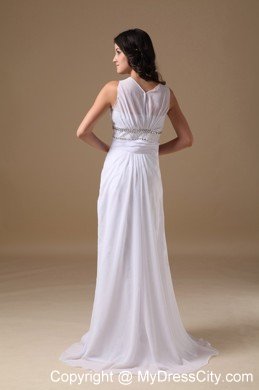 Elegant Column Scoop Brush Train Beaded Waist Wedding Dress