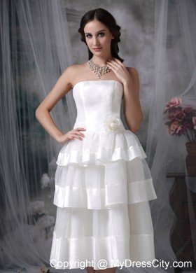 Beautiful Strapless Tea-length Hand Made Flower Wedding Dress